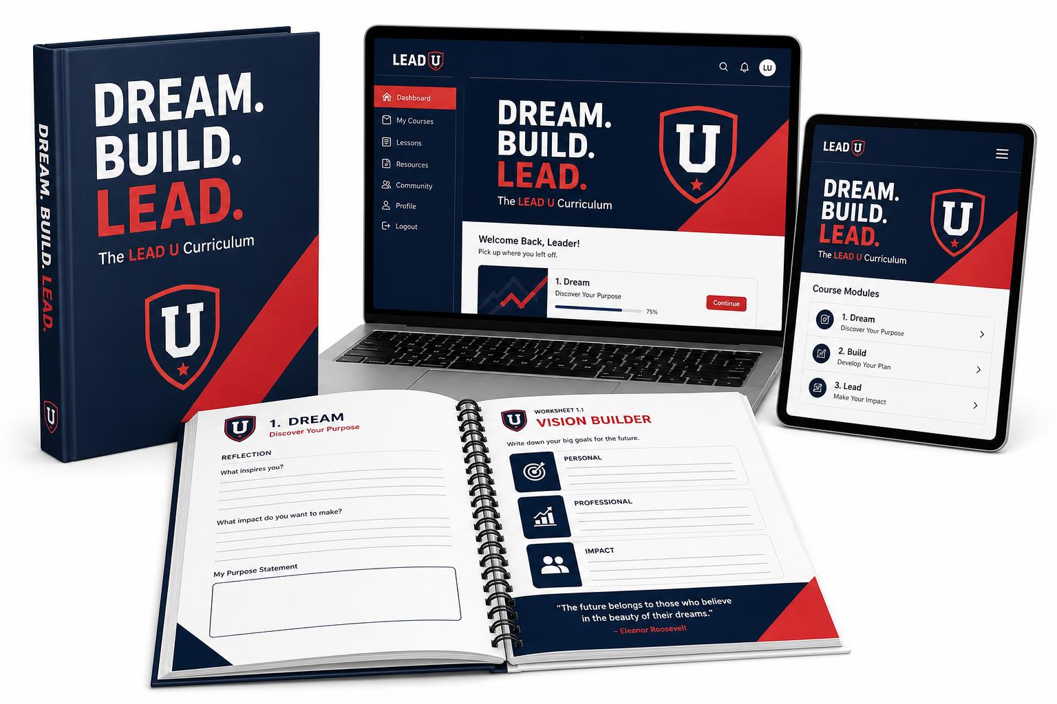 The LEAD U Curriculum hardback book and workbook with the online course on a laptop and tablet